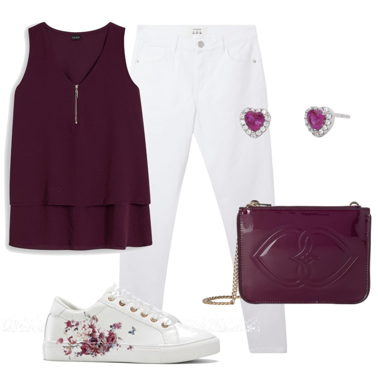 Outfit donna - A spasso per la città. Stile Casual chic per Tutti i giorni. Abbinamento con sneakers, top, pantaloni, orecchini, pochette.