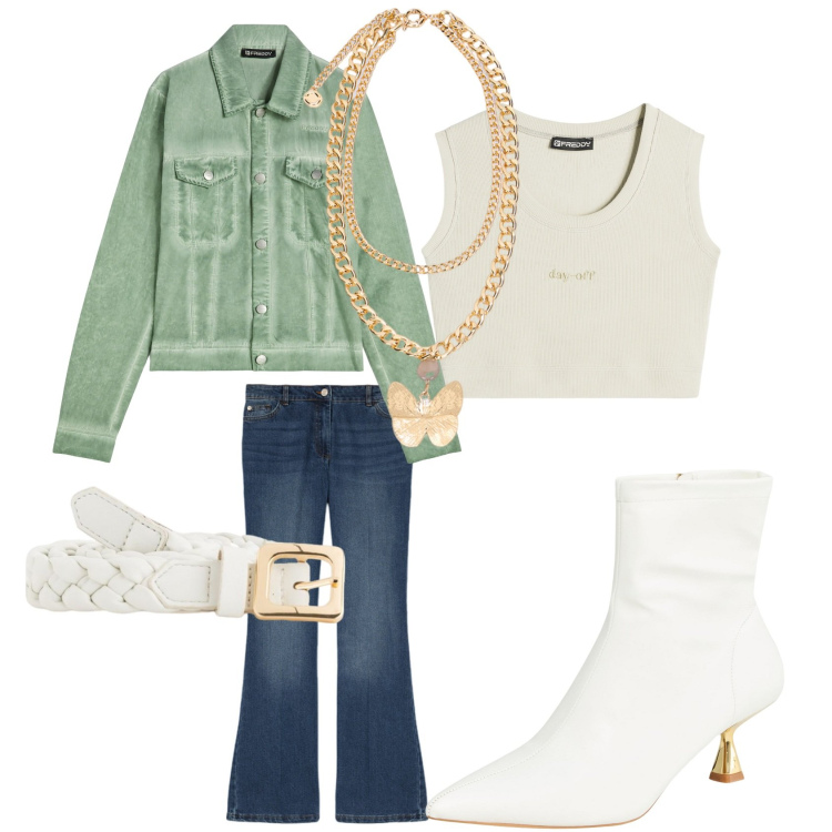 Outfit donna - Un tocco d\'oro. Abbinamento con stivaletti, blazer, top, jeans, cinture, collane.
