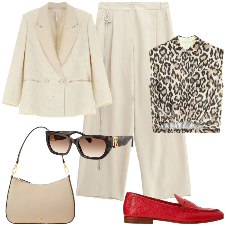 Outfit donna - Urban edge Imperial. Stile Glamour per Ufficio. Abbinamento con camicie, pantaloni, blazer, borse a spalla, mocassini, occhiali da sole.