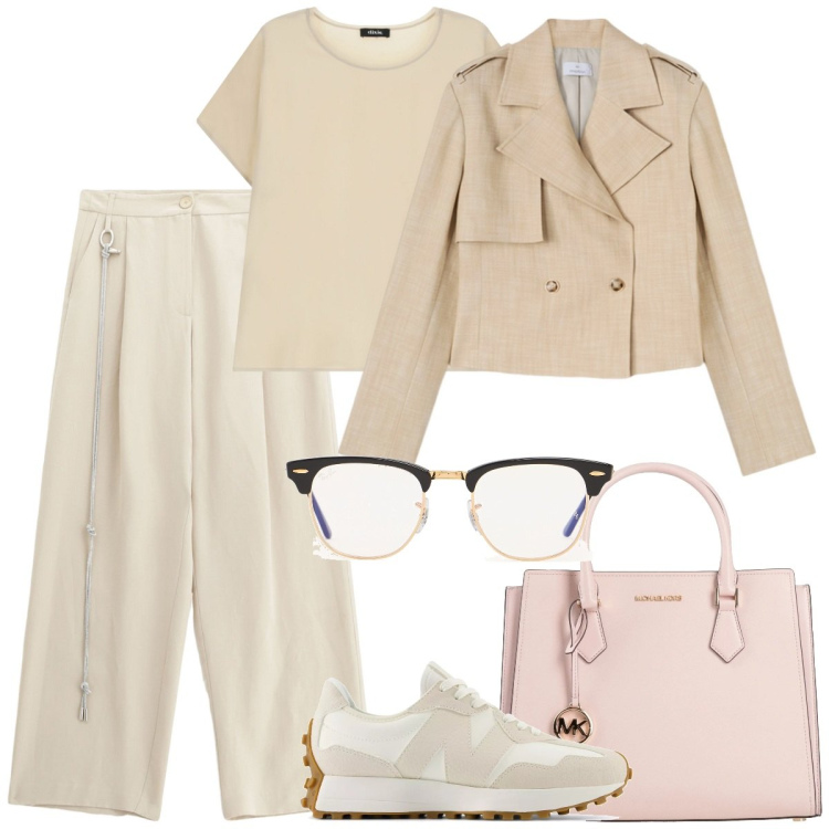 Outfit donna - Total look #2113100. Stile Casual chic per Ufficio. Abbinamento con borse a mano, sneakers, pantaloni, t-shirt, occhiali da sole, blazer.