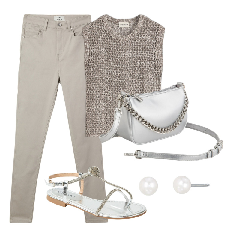 Outfit donna - Passeggiata di sera. Stile Casual per Serata fuori. Abbinamento con top, pantaloni skinny, ciabatte, orecchini, borse a tracolla.