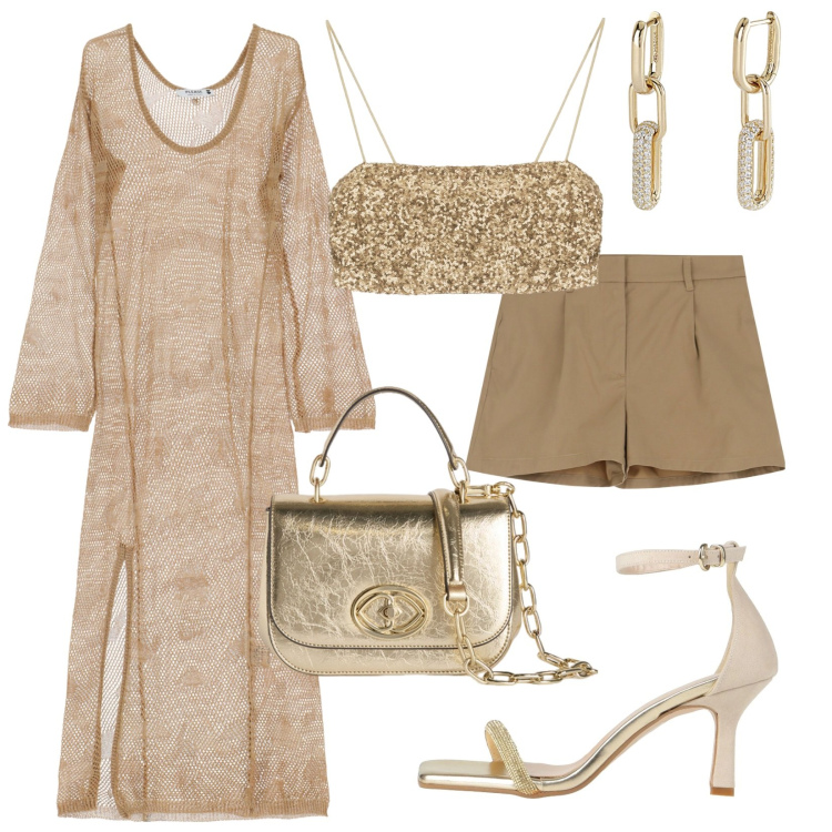 Outfit donna - Serata estiva oro. Stile Glamour per Serata fuori. Abbinamento con sandali col tacco, orecchini, shorts, vestiti lunghi, top, borse a tracolla.