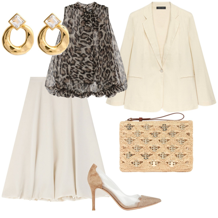 Outfit donna - Cerimonia estiva. per Cerimonia. Abbinamento con décolleté, camicie, gonne longuette, blazer, orecchini, pochette.