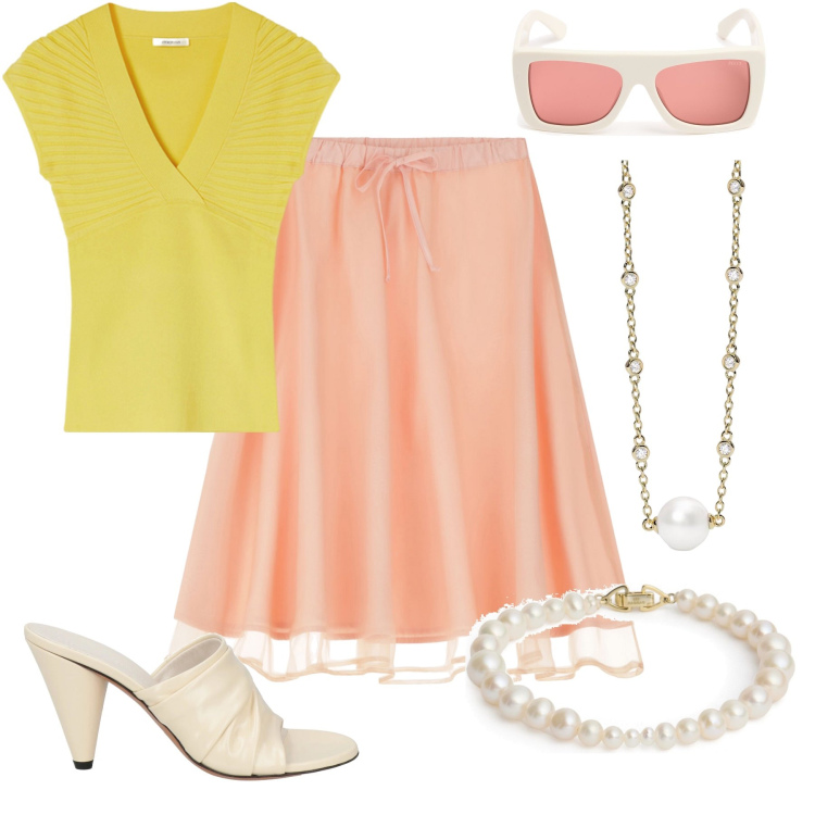 Outfit donna - Stile vivace. Stile Bon Ton per Serata fuori. Abbinamento con sandali in pelle, collane, gonne longuette, braccialetti, t-shirt, occhiali da sole.