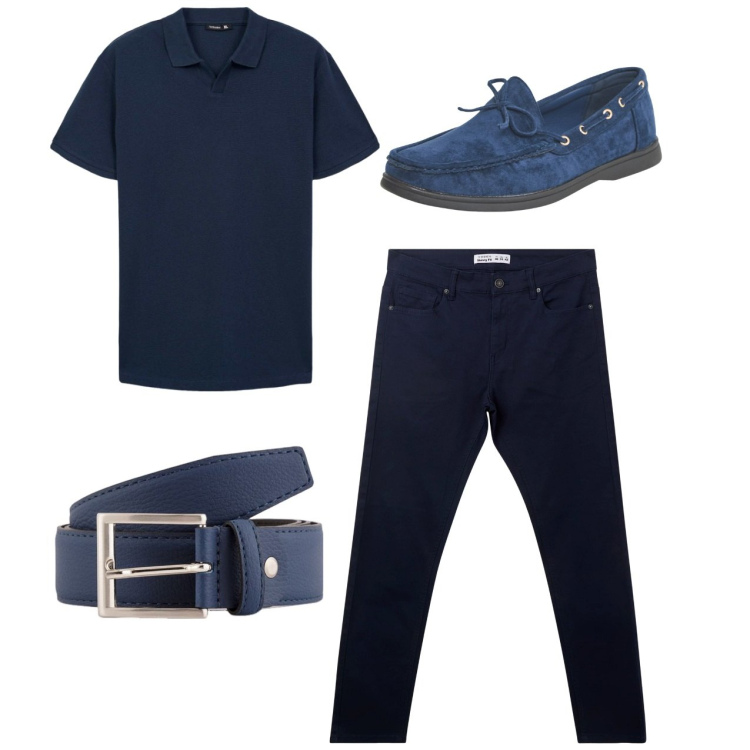 Outfit uomo - Total blu. Stile Casual per Tutti i giorni. Abbinamento con scarpe stringate, pantaloni skinny, polo, cinture.