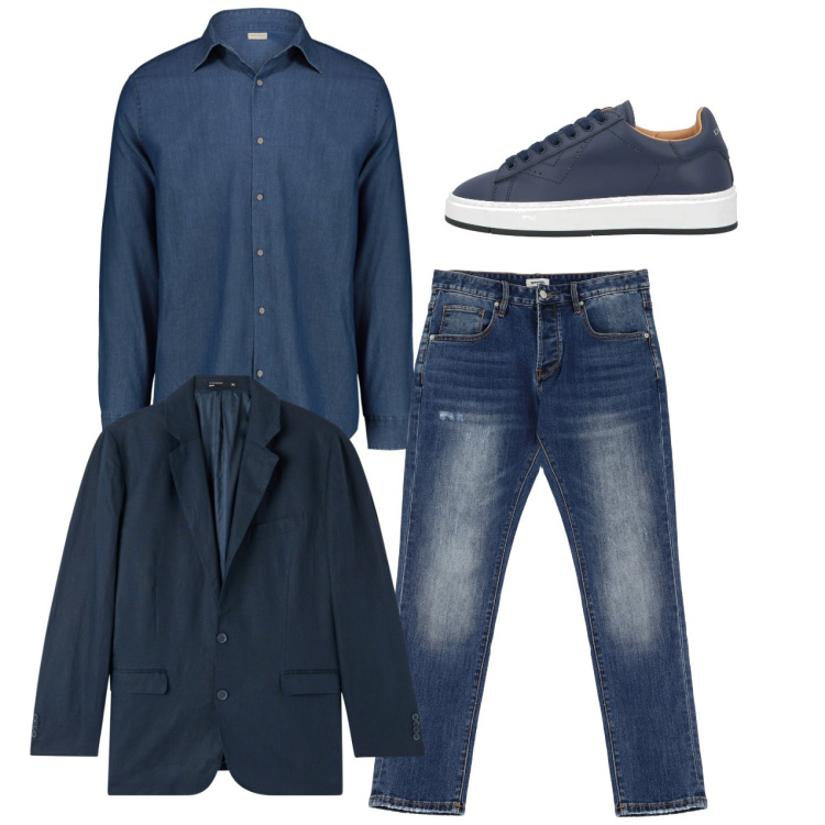 Outfit uomo - Total look. Stile Casual per Ufficio. Abbinamento con sneakers, giacche, jeans dritti, camicie.