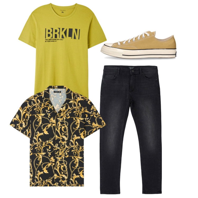 Outfit uomo - Total look. Stile Casual per Tutti i giorni. Abbinamento con t-shirt, camicie a manica corta, jeans skinny, sneakers.