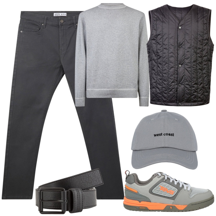 Outfit uomo - Variazioni in grigio. Stile Casual per Tutti i giorni. Abbinamento con sneakers, cappelli con visiera, pantaloni skinny, maglieria, piumini, cinture.