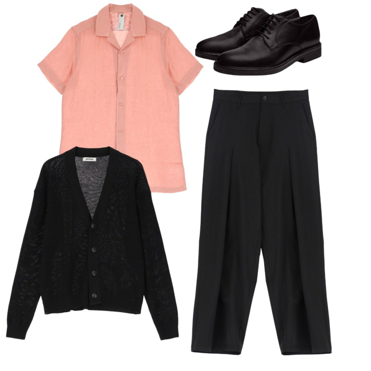 Outfit uomo - Total look. Stile Trendy per Serata speciale. Abbinamento con camicie a manica corta, cardigans, pantaloni, scarpe stringate.
