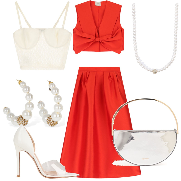 Outfit donna - Red passion. Stile Romantica per Serata fuori. Abbinamento con décolleté, collane, top, gonne, orecchini, pochette.