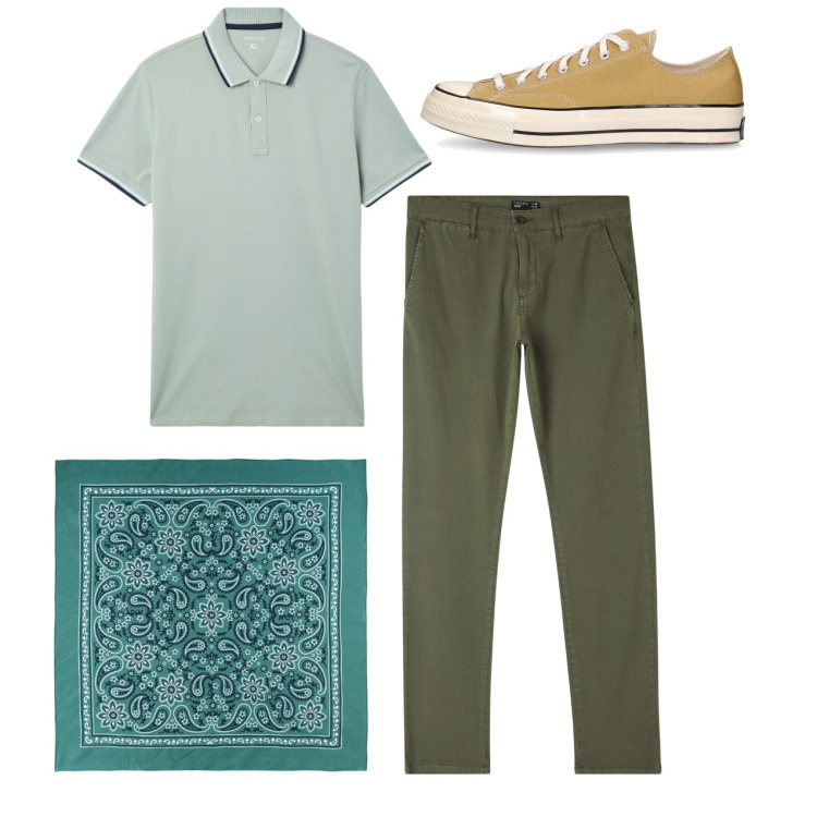 Outfit uomo - Total look. Stile Casual per Tutti i giorni. Abbinamento con polo, pantaloni chino, sciarpe e foulard, sneakers.