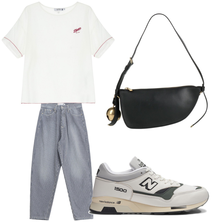 Outfit donna - Aperitivo. Stile Trendy per Tutti i giorni. Abbinamento con borse a mano, sneakers, jeans mom, t-shirt.