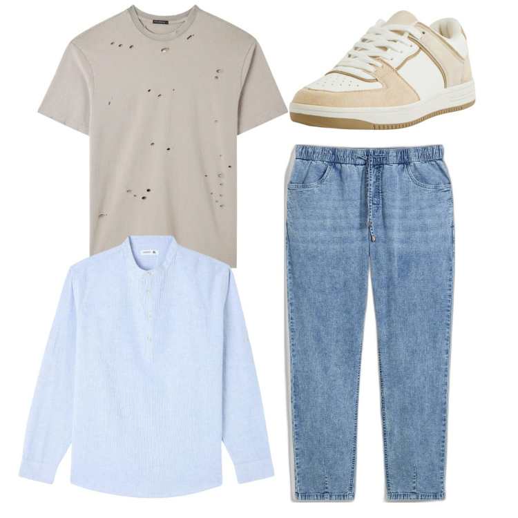 Outfit uomo - Total look. Stile Casual per Tutti i giorni. Abbinamento con jeans dritti, t-shirt, camicie, sneakers.