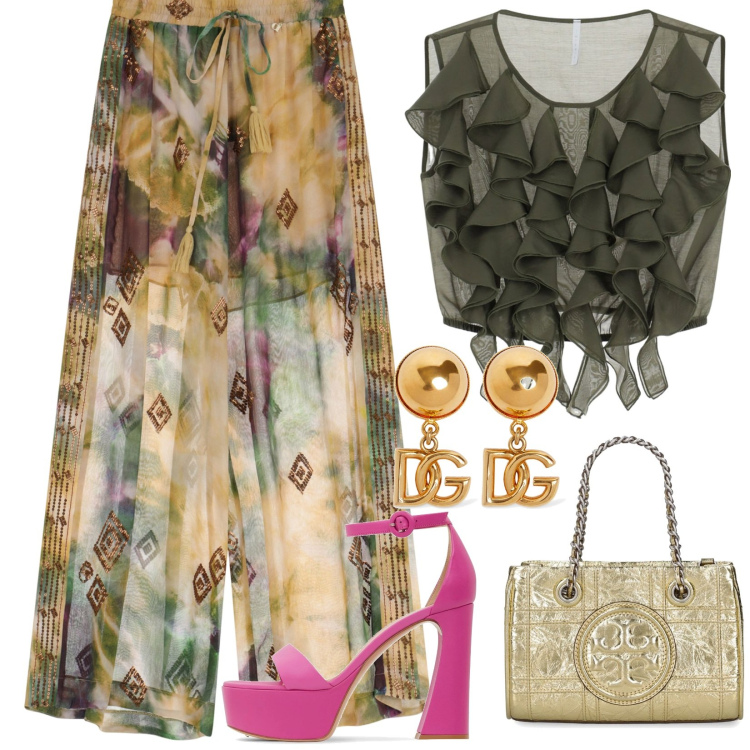 Outfit donna - Serata. Stile Chic per Serata fuori. Abbinamento con top, pantaloni a palazzo, orecchini, borse a mano, sandali in pelle.