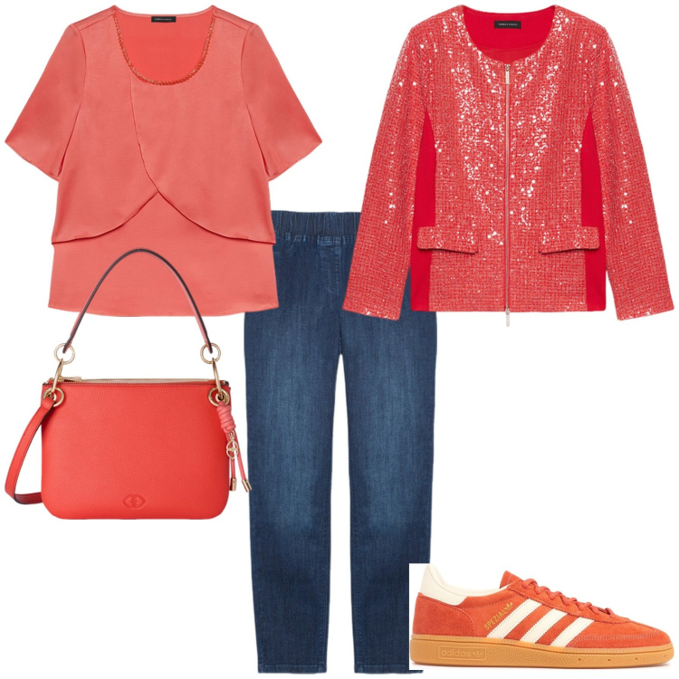 Outfit donna - Orange. Stile Sporty chic per Tutti i giorni. Abbinamento con blazer, bluse, jeggings, sneakers, borse a tracolla.