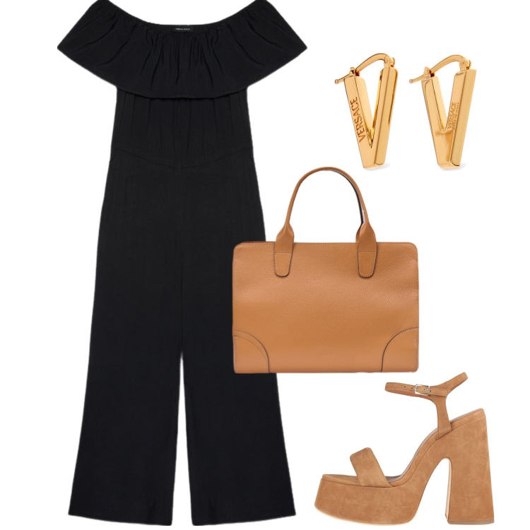 Outfit donna - Sera. Stile Chic per Serata fuori. Abbinamento con sandali in pelle, tute, borse tote, orecchini.