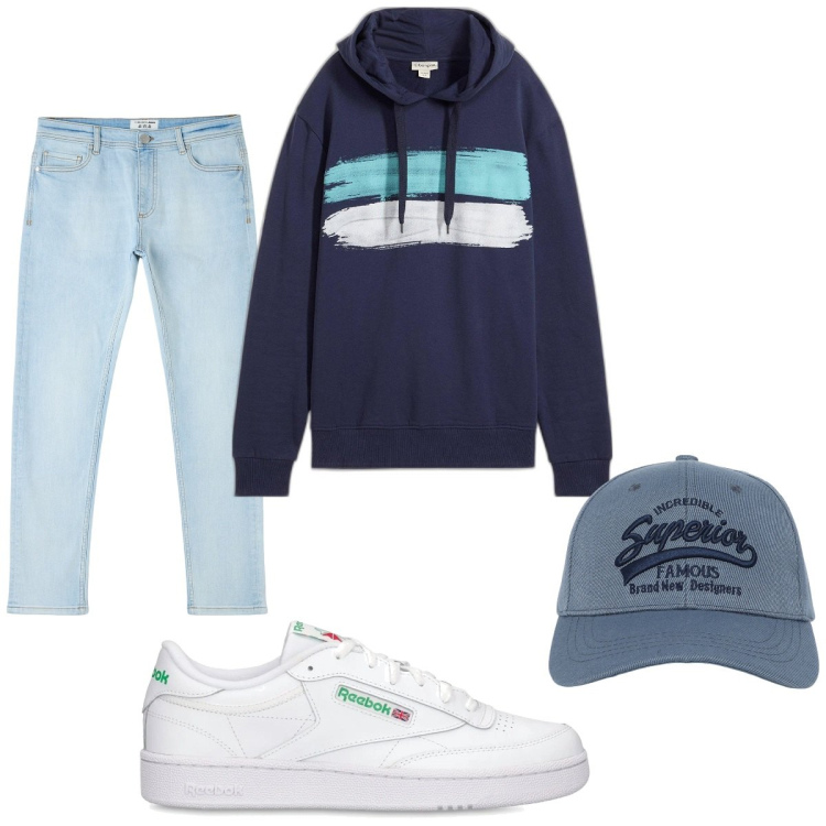 Outfit uomo - Total look #2113188. Stile Casual per Tutti i giorni. Abbinamento con felpe con cappuccio, jeans skinny, cappelli con visiera, sneakers.