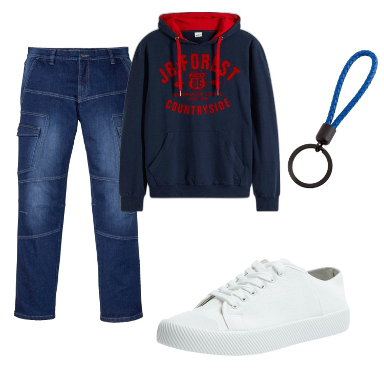 Outfit uomo - Total look #2113189. Stile Casual per Tutti i giorni. Abbinamento con felpe con cappuccio, jeans dritti, sneakers, portachiavi.