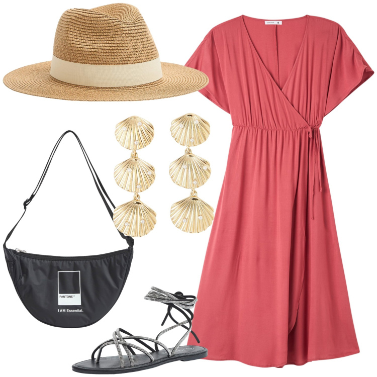 Outfit donna - Terranova marina. Stile Trendy per Tutti i giorni. Abbinamento con cappelli, marsupi, sandali alla schiava, orecchini, vestiti lunghi.