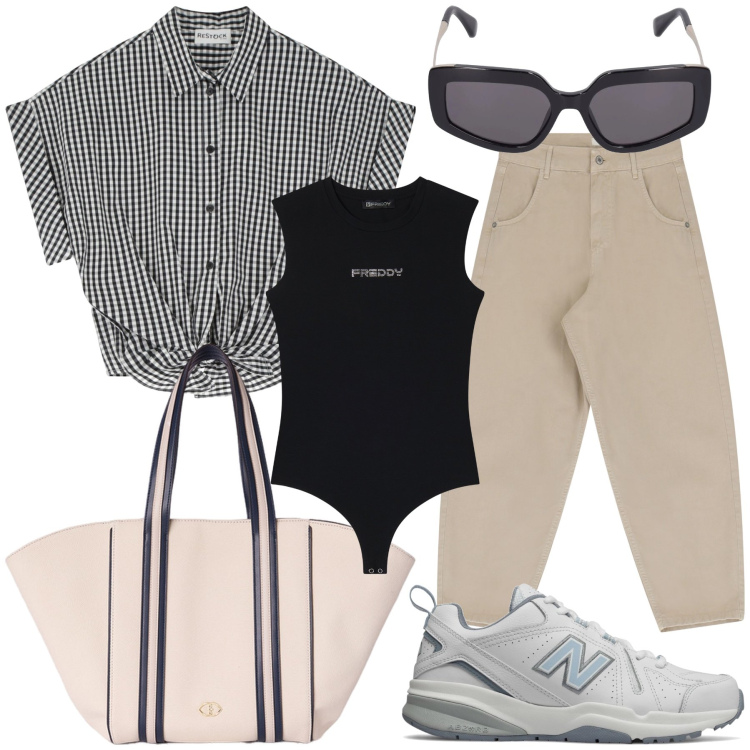 Outfit donna - Appuntamento al parco. Stile Casual chic per Tutti i giorni. Abbinamento con sneakers, body, camicie, jeans, shopping bag, occhiali da sole.