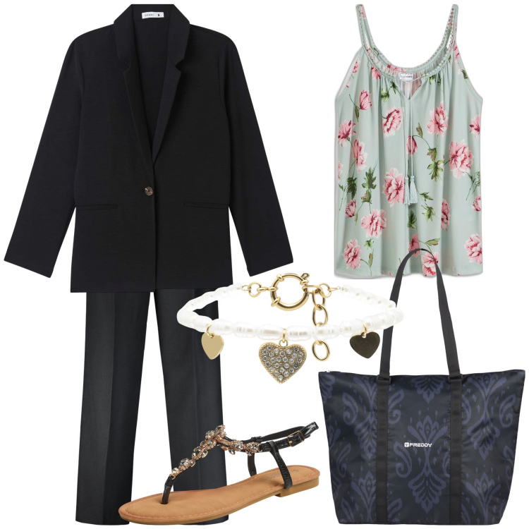 Outfit donna - Un top per l ufficio. Stile Urban per Ufficio. Abbinamento con top, blazer, sandali gioiello, shopping bag, braccialetti, pantaloni.
