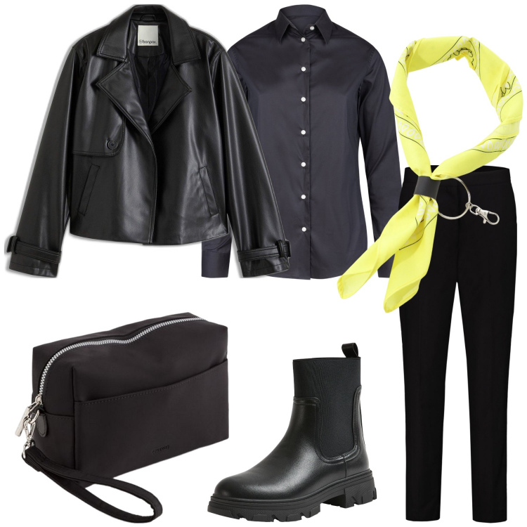 Outfit donna - A touch of yellow. Stile Rock per Tutti i giorni. Abbinamento con trench, stivaletti chelsea, foulard, pantaloni, camicie, valigie.