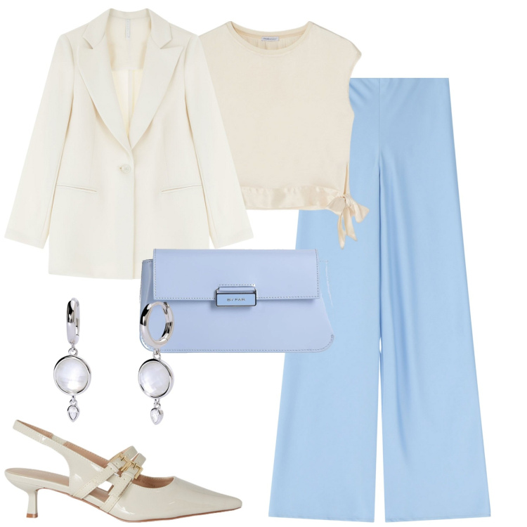 Outfit donna - City. Stile Urban per Tutti i giorni. Abbinamento con borse a mano, orecchini, blazer, pantaloni, décolleté, bluse.