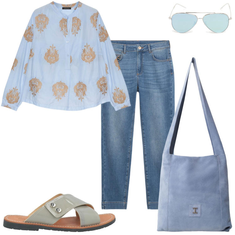 Outfit donna - Total look casual. Stile Casual per Tutti i giorni. Abbinamento con sandali in pelle, borse a tracolla, bluse, jeans skinny, occhiali da sole.