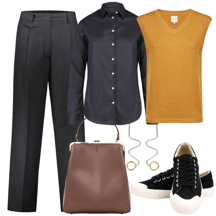 Outfit donna - Niente da aggiungere. Stile Mannish per Ufficio. Abbinamento con maglieria, camicie, pantaloni, borse a spalla, sneakers, orecchini.