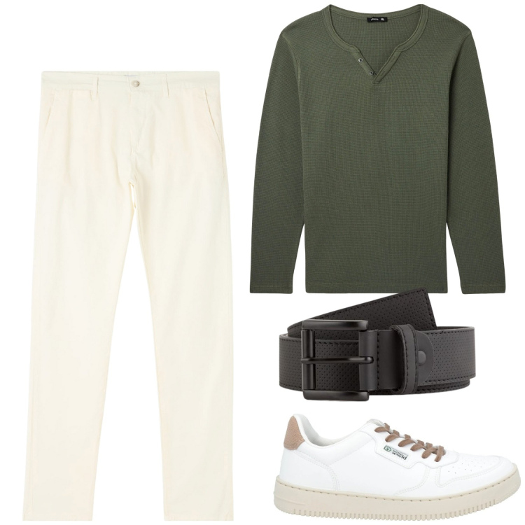 Outfit uomo - Primavera sostenibile. Stile Casual per Tutti i giorni. Abbinamento con sneakers, pantaloni chino, t-shirt, cinture.
