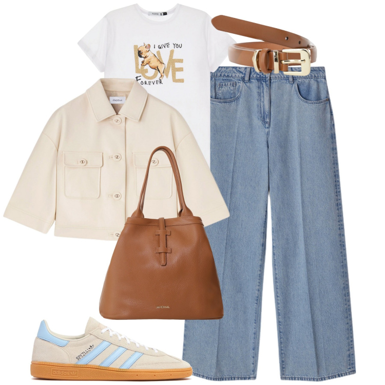 Outfit donna - City. Stile Casual chic per Tutti i giorni. Abbinamento con t-shirt, cinture, borse tote, jeans, sneakers, blazer.