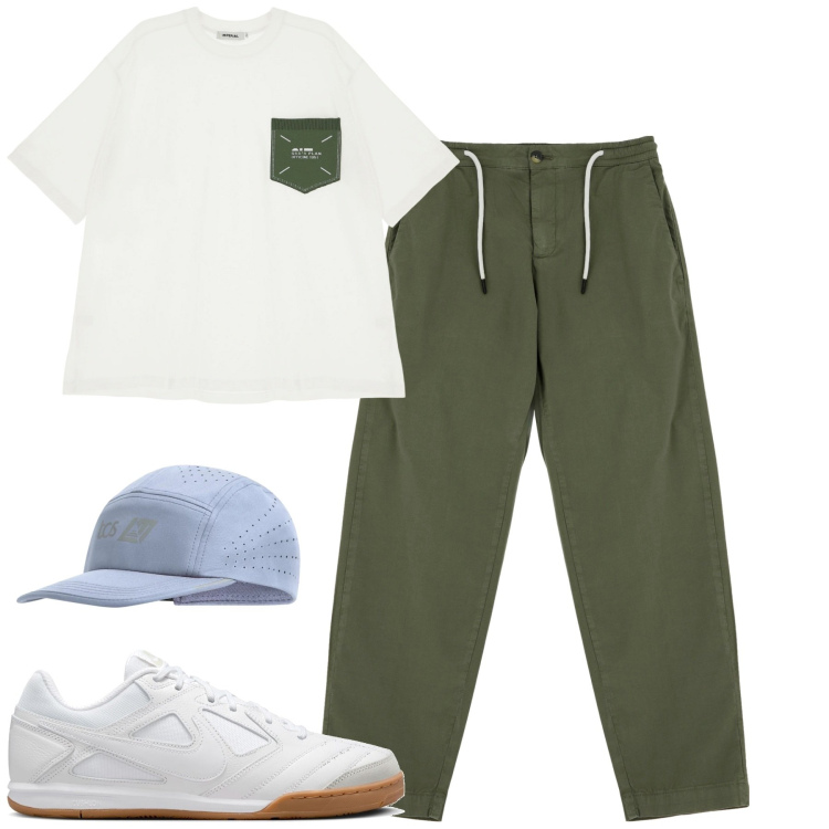 Outfit uomo - City. Stile Casual per Tutti i giorni. Abbinamento con cappelli, t-shirt, pantaloni chino, sneakers.