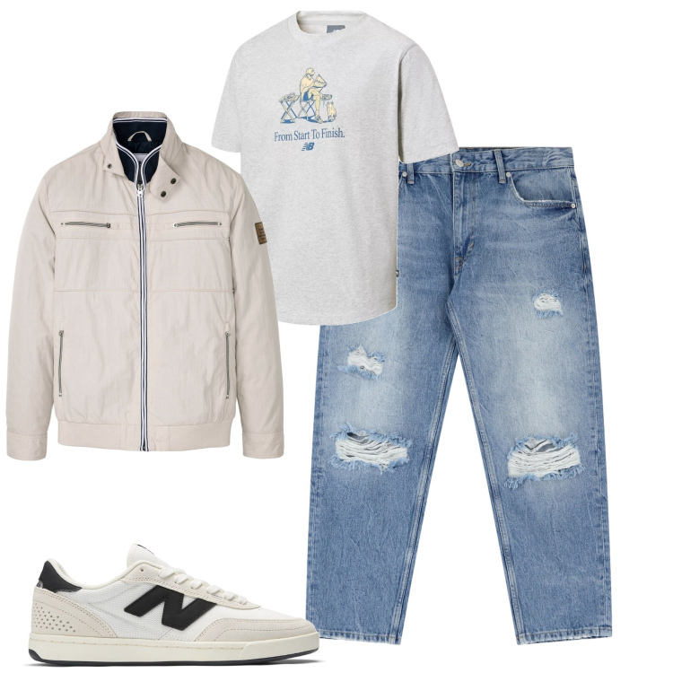Outfit uomo - City. Stile Casual per Tutti i giorni. Abbinamento con giacche, t-shirt, sneakers, jeans strappati.