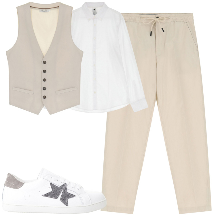 Outfit uomo - City. Stile Trendy per Tutti i giorni. Abbinamento con pantaloni chino, camicie, sneakers, gilet.