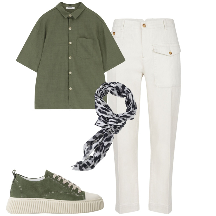 Outfit uomo - City. Stile Casual per Tutti i giorni. Abbinamento con sneakers, camicie a manica corta, sciarpe e foulard, pantaloni.