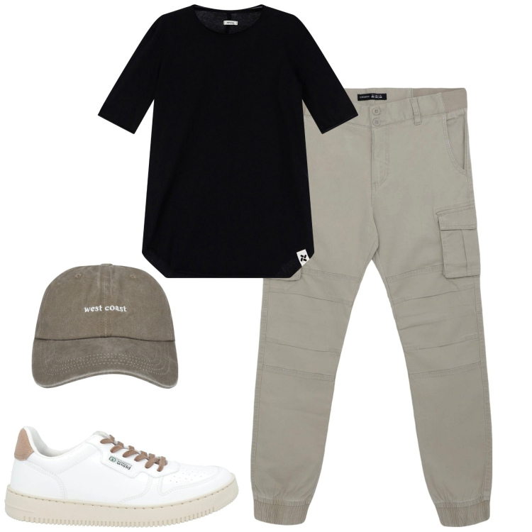 Outfit uomo - Aprile. Stile Casual per Tutti i giorni. Abbinamento con sneakers, cappelli, pantaloni cargo, t-shirt.