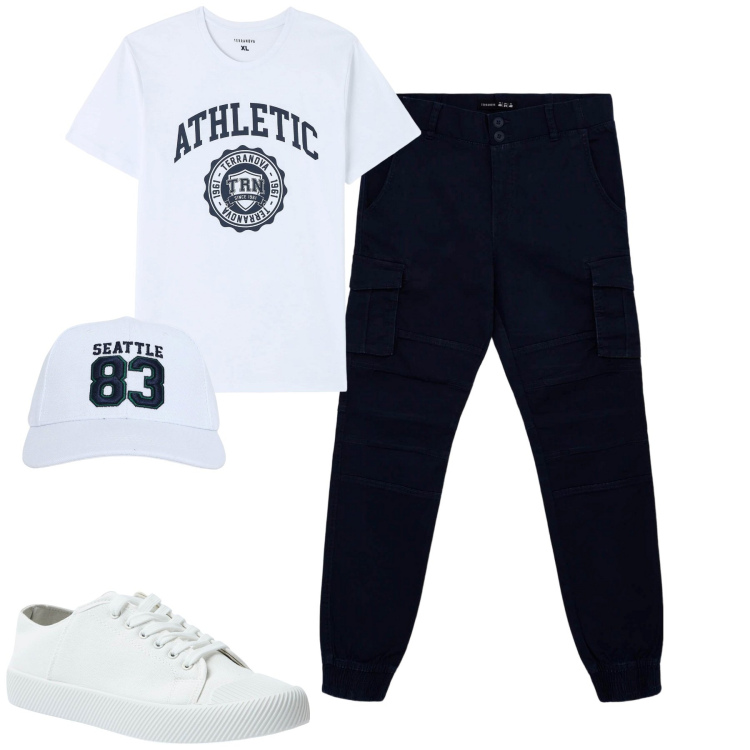 Outfit uomo - Total look #2113237. Stile Casual per Tutti i giorni. Abbinamento con t-shirt, cappelli, sneakers, pantaloni cargo.
