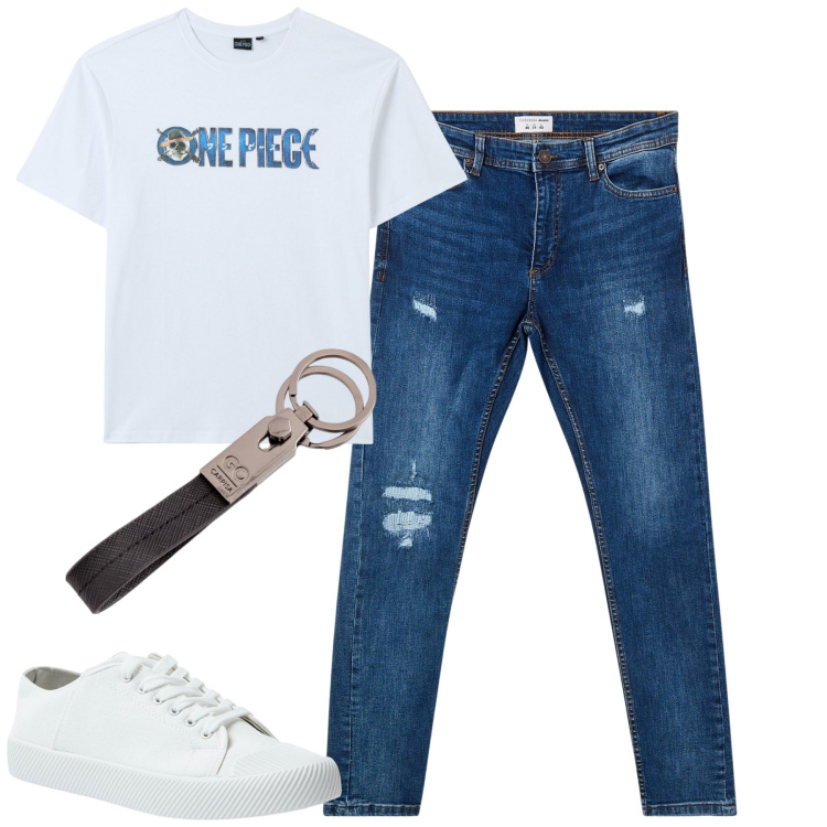 Outfit uomo - City. Stile Casual per Tutti i giorni. Abbinamento con t-shirt, sneakers, jeans strappati, portachiavi.