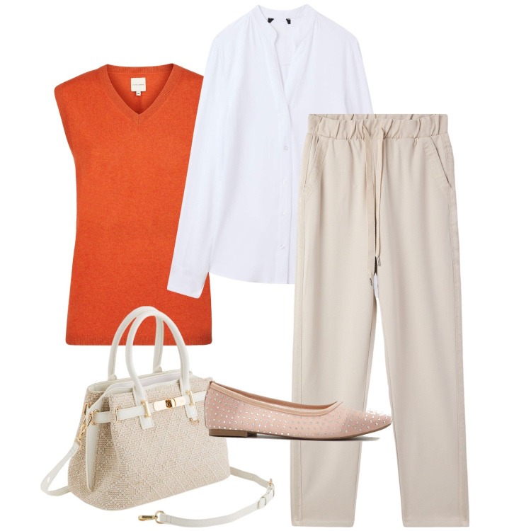 Outfit donna - Il gilet arancione. Stile Casual chic per Ufficio. Abbinamento con ballerine, pantaloni skinny, camicie, maglieria, borse a mano.