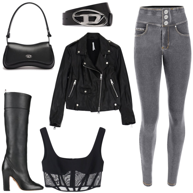 Outfit donna - Total black. Stile Casual chic per Serata fuori. Abbinamento con stivali, giacche, top, jeans skinny, cinture, borse a spalla.