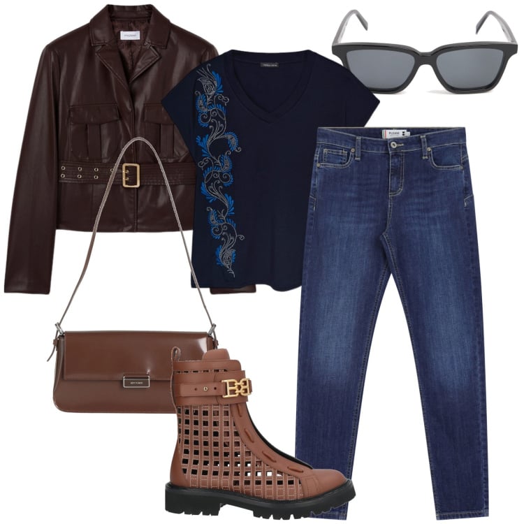 Outfit donna - Gli stivaletti traforati. Stile Urban per Ufficio. Abbinamento con stivaletti, borse a spalla, jeans skinny, t-shirt, blazer, occhiali da sole.