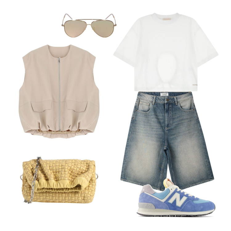Outfit donna - Urban chic. Stile Casual chic per Tutti i giorni. Abbinamento con borse a tracolla, bermuda, sneakers, t-shirt, blazer, occhiali da sole.