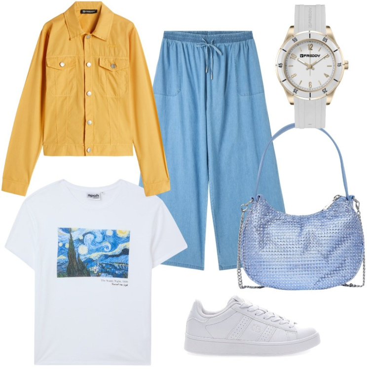 Outfit donna - T -shirt d\' autore. Stile Trendy per Tutti i giorni. Abbinamento con pantaloni a palazzo, t-shirt, borse a spalla, blazer, orologi, sneakers.