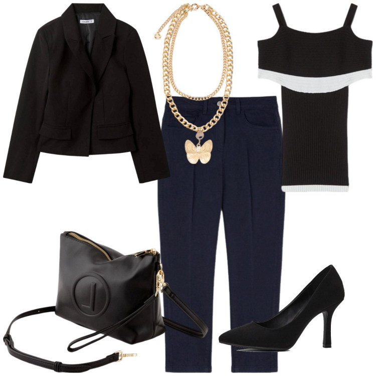 Outfit donna - Serata. Stile Casual chic per Serata fuori. Abbinamento con décolleté, blazer, maglieria, collane, valigie, pantaloni.