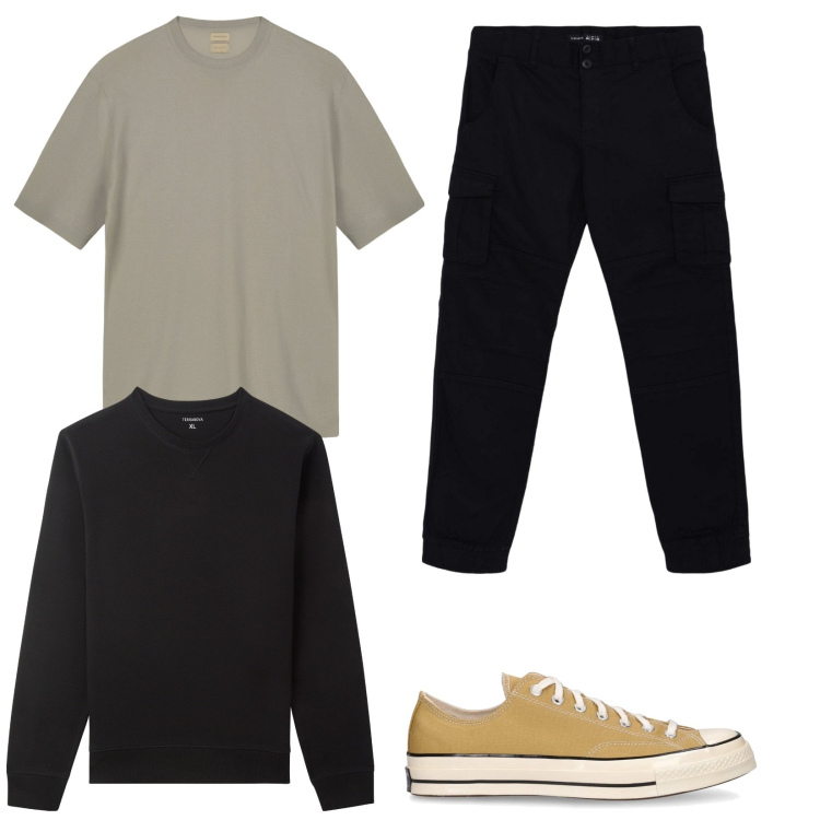 Outfit uomo - Tessuti sostenibili. Stile Urban per Tutti i giorni. Abbinamento con pantaloni cargo, felpe, sneakers, t-shirt.
