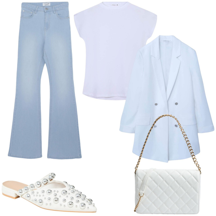 Outfit donna - Terranova occasione speciale. Stile Casual chic per Serata fuori. Abbinamento con ballerine, jeans a zampa, blazer, t-shirt, borse a tracolla.