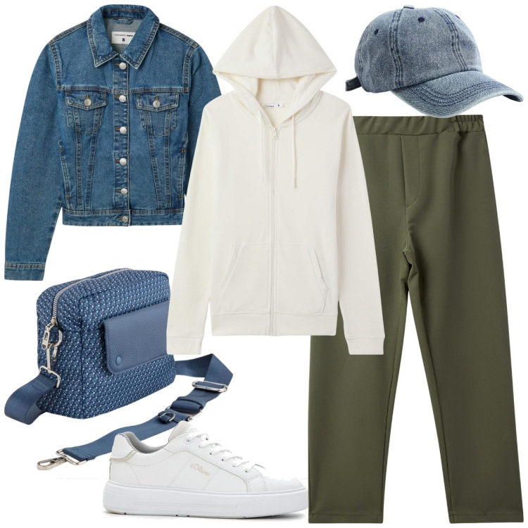Outfit donna - Total look #2113280. Stile Sporty chic per Tutti i giorni. Abbinamento con sneakers, pantaloni, felpe con cappuccio, blazer, cappelli, borse a tracolla.