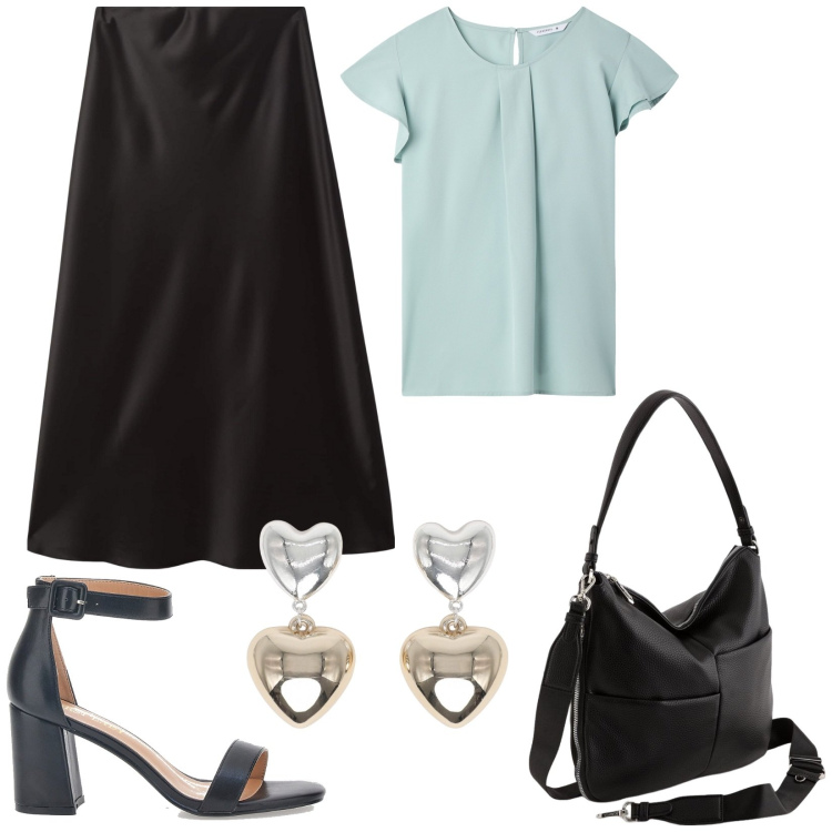 Outfit donna - Gonna svasata e blusa verde acqua. Stile Bon Ton per Ufficio. Abbinamento con gonne lunghe, orecchini, bluse, sandali col tacco, borse a tracolla.