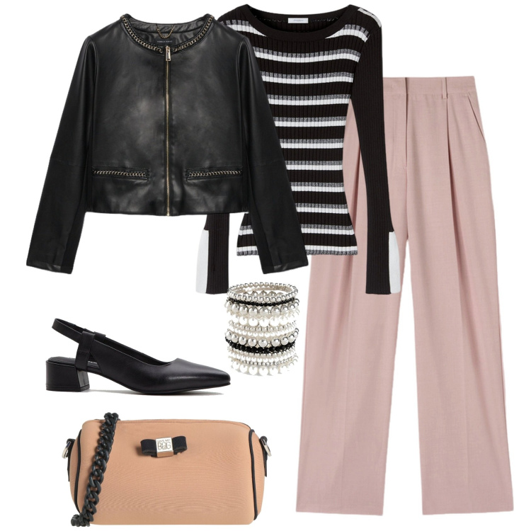 Outfit donna - Total look #2113288. Stile Urban per Tutti i giorni. Abbinamento con braccialetti, décolleté, borse a tracolla, pantaloni a palazzo, blazer, maglieria.