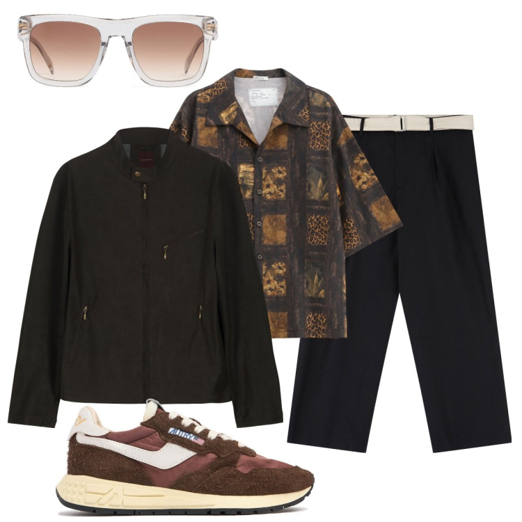 Outfit uomo - Total look #2113296. Stile Trendy per Tutti i giorni. Abbinamento con pantaloni, camicie a manica corta, giacche, occhiali da sole, sneakers.